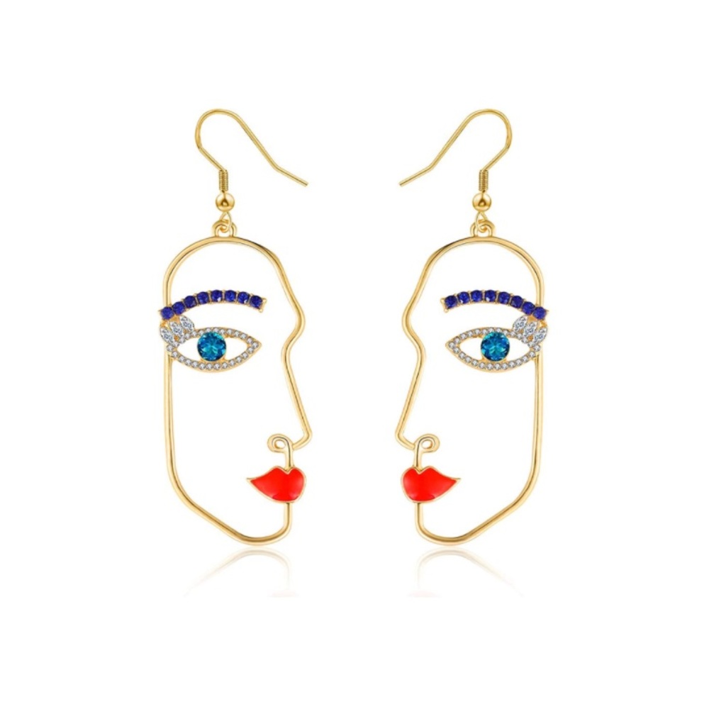 Abstract Art Human Face Dangle Earring with Cubic Zirconia Stone - Picture 1 of 6